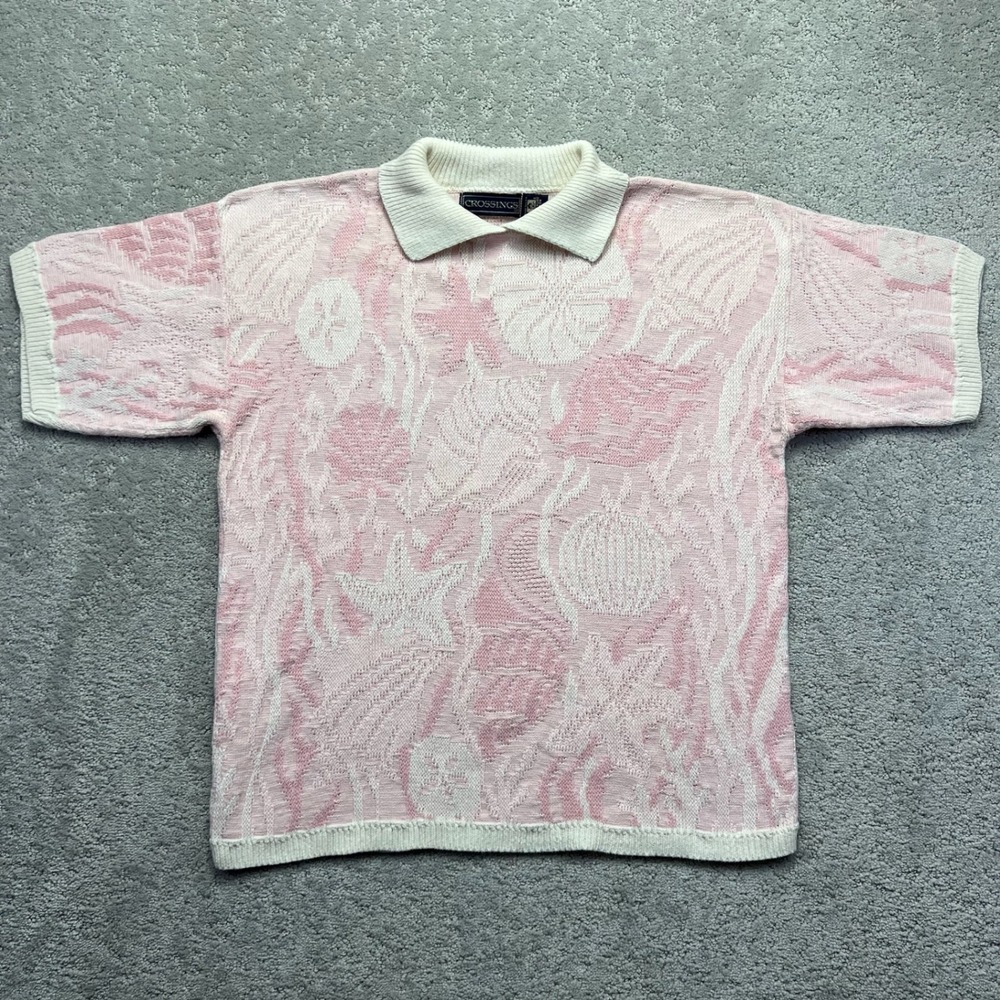 Crossings Polo Shirt Womens Medium Pink White Sea Shell Knit Coastal Made in USA
